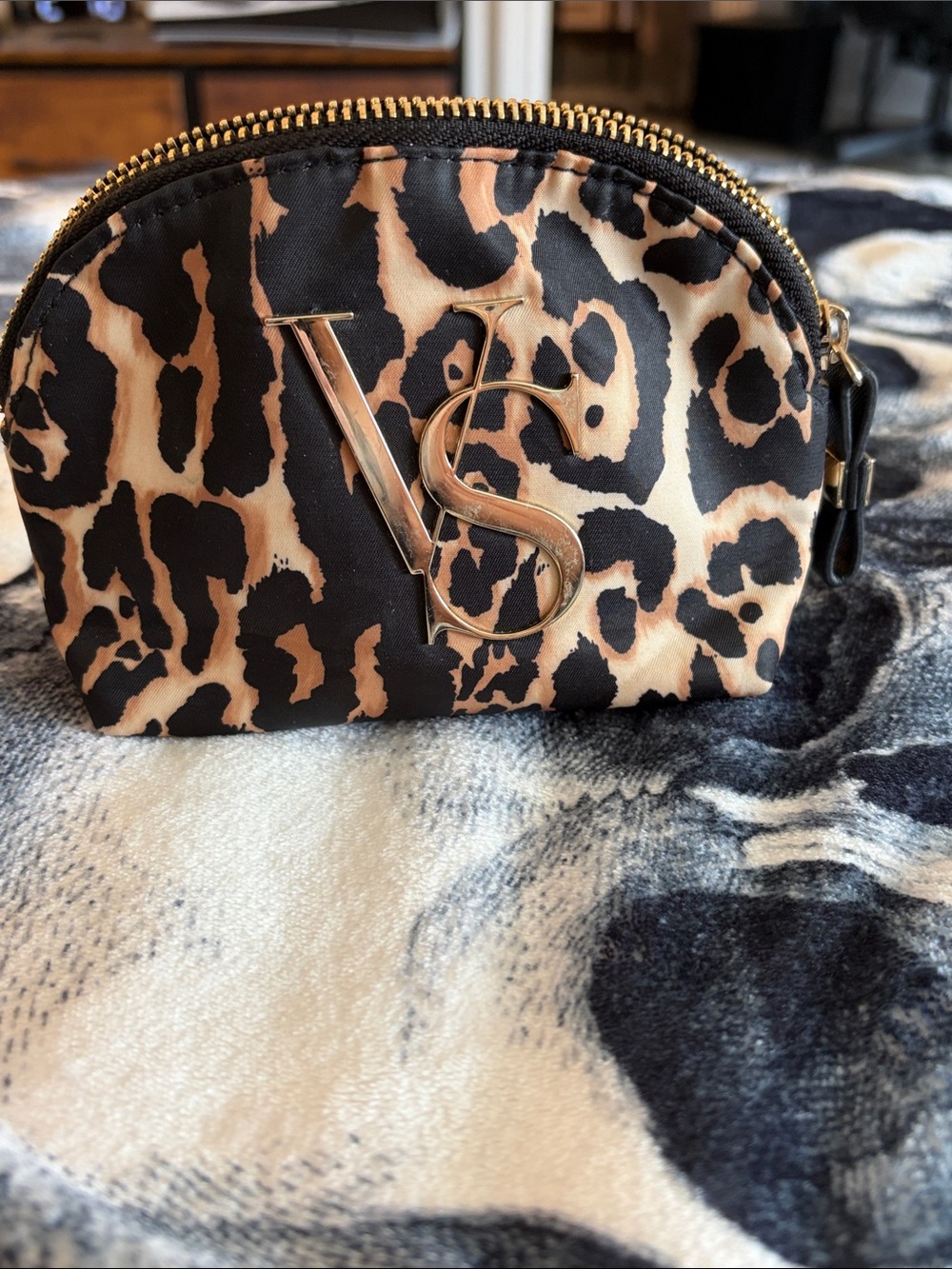 Leopard Print Cosmetic Pouch with Gold VS Emblem